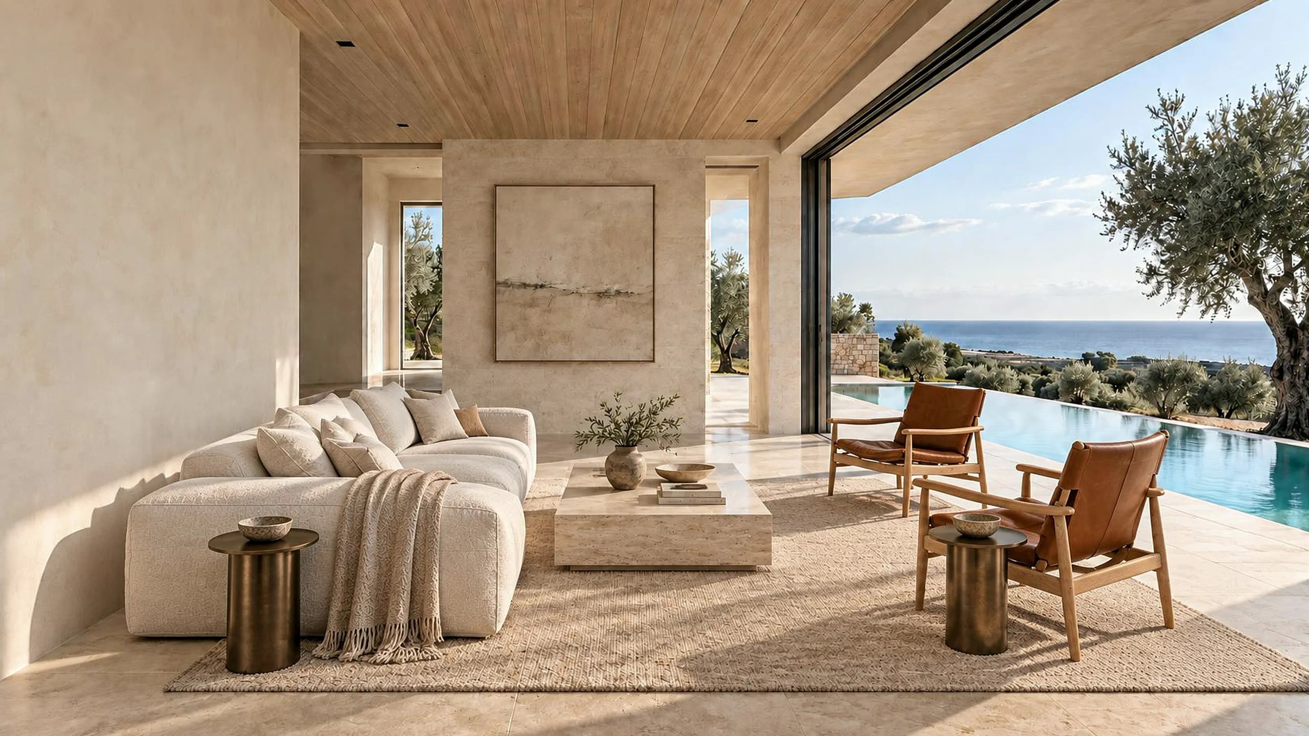 A furnished limestone room opening onto a pool and the sea, an Edge Design Works concept study set in Puglia