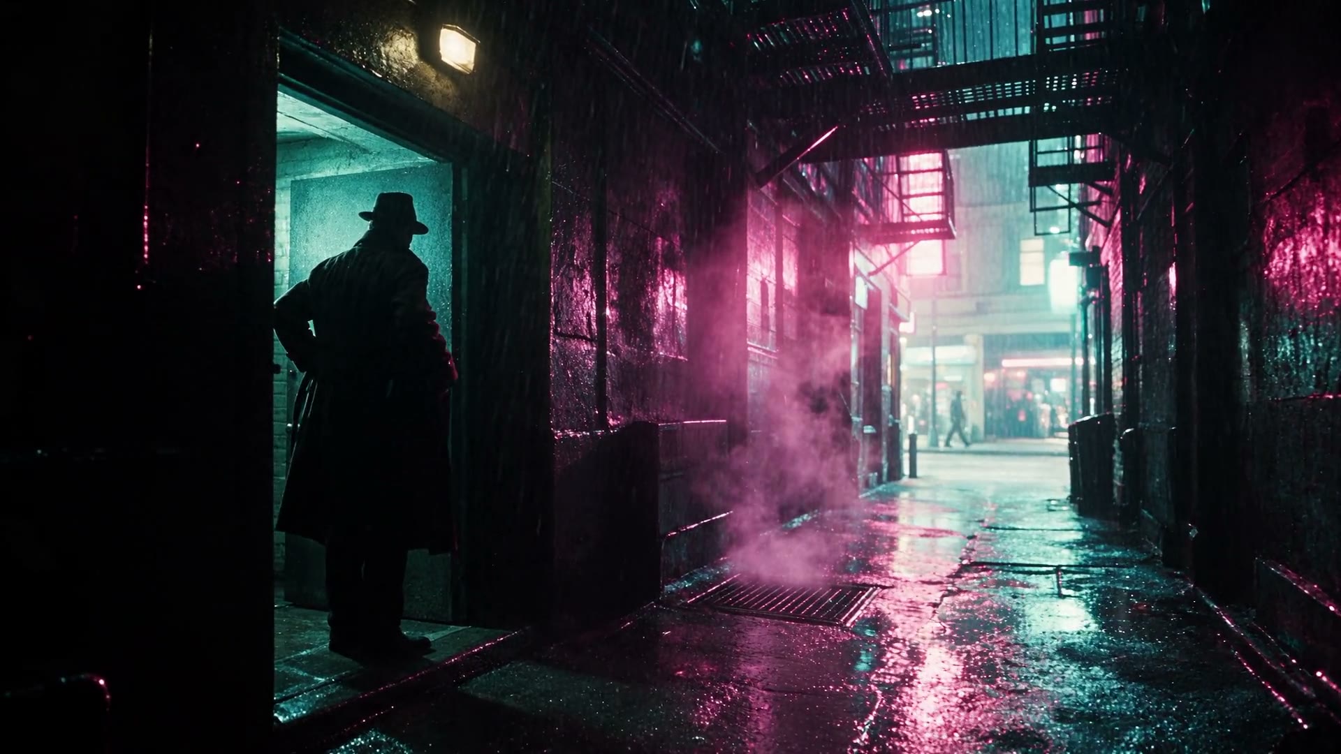 A figure in a rain-lit alley, from Neon Rain, a demo film shown on the Lumier Pictures site